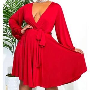 LUXE WEAR PLUS 3X red faux wrap bubble long sleeve cocktail party dress NWT 0B14